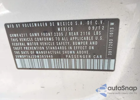 2013 Volkswagen Jetta 2.5L Se из США, поврежденный, VIN 3VWDP7AJ2DM383940